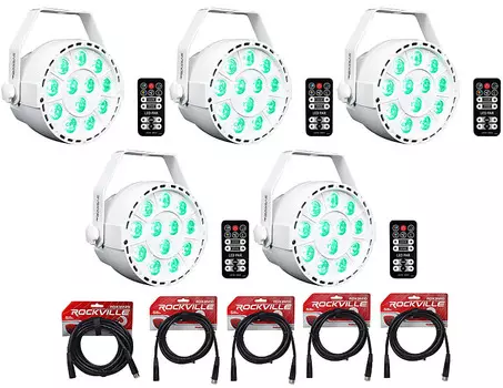 5 Rockville RockPAR TRI LED RGB Par Cans DJ White DMX Wash Lights+пульты дистанционного управления+кабели (5) ROCKPAR TRI WHITE+RDX3M25+RDX3M10