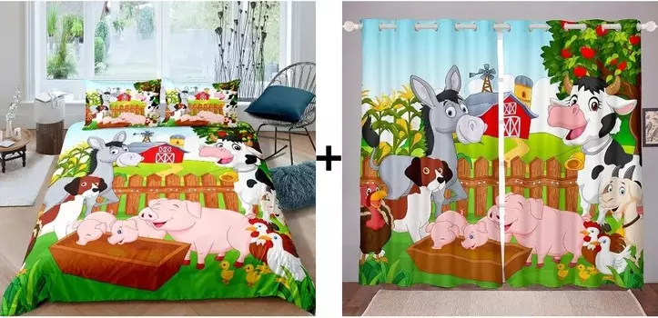 5 шт. оконные шторы с милыми сельскохозяйственными животными для малышей 38x54 дюймов, 2 панели и комплект детского постельного белья в полный размер: 2 панели штор + 1 пододеяльник + 2 наволочки Feelyou