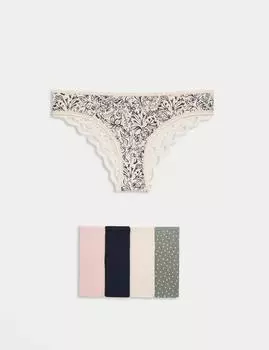 5 шт. Трусики из хлопка с высоким вырезом и принтом Marks & Spencer, пыльно-зеленый