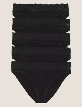 5 шт трусиков из хлопка, лайкры и кружева Marks & Spencer, черный