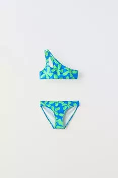 6-14 лет/асимметричный комплект бикини с цветочным узором ZARA, синий/зеленый