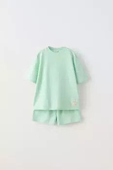 6-14 лет/футболка с лейблоком и шорты-бермуды ZARA, светло-бирюзовый