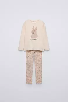 6-14 лет/пижама с цветочным кроликом ZARA, кэмел