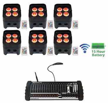 (6) Rockville BEST PAR 50 Аккумуляторные промывочные огни Беспроводной DMX+384 кан. Контроллер (6) BEST PAR 50+ROCKFORCE W4