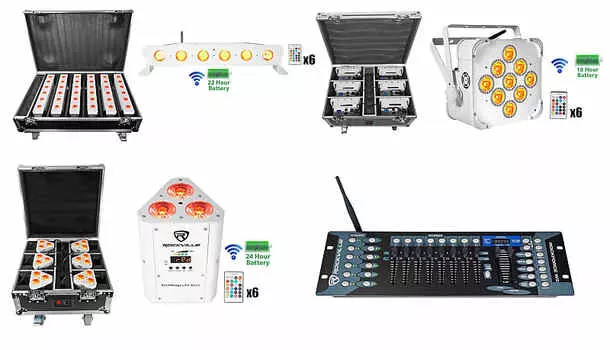 (6) Rockville BEST PAR+STRIP+WEDGE White Wireless DMX Battery Lights+Controller Strip Pack+PAR PACK+WEDGE PACK WHITE