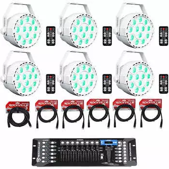 (6) Rockville RockPAR TRI LED RGB White Wash Par DJ Lights+кабели+контроллер DMX (6) ROCKPAR TRI WHITE+RDX3M25+RDX3M10-2