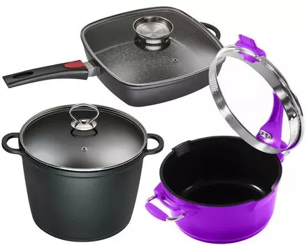 6 штук Кухонный набор KING »3WAY BERRY« 24см Кастрюля XXL 7л + многофункциональная кастрюля 20см + прямоугольная кастрюля 28x28см