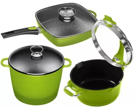 6 штук Кухонный набор KING »3WAY GREEN« 24см Кастрюля XXL 7л + многофункциональная кастрюля 20см + прямоугольная кастрюля 28x28см
