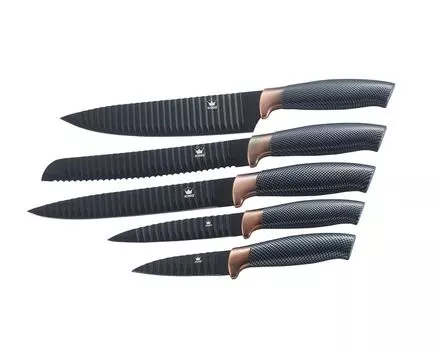 6 штук Набор блоков ножей KING CARBON DESIGN с лезвиями из нержавеющей стали с рифленой структурой и блоком ножей / размеры: поварской нож 20 см, нож для обвалки 20 см, нож для хлеба 20 см, универсальный нож 12,5 см и нож для овощей 8,5 см