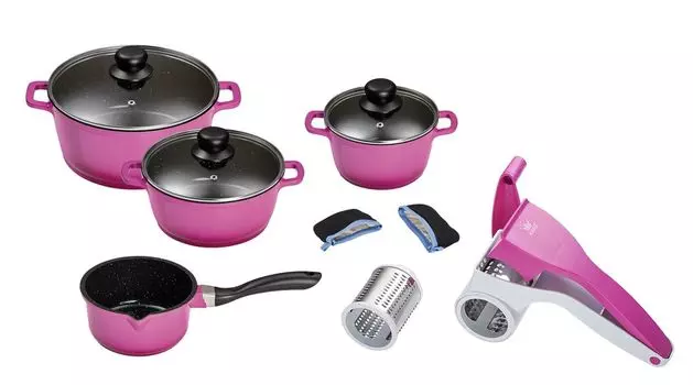 6 штук Набор KING Advantage BERRY: 4 шт. Набор кастрюль из литого алюминия Berry, 3 кастрюли 16, 20, 24см, 1 кастрюля 16см + 3 предмета. Круглая терка KING с рукояткой и 2 сменными лезвиями: крупная и мелкая нарезка / цвет: Ягодный