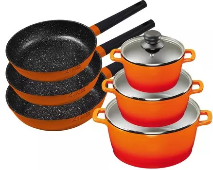 6 штук Набор KING Advantage ОРАНЖЕВЫЙ: 3 шт. Набор кастрюль из литого алюминия оранжевого цвета, 3 кастрюли 16, 20, 24см + 3 сковороды 20см, 24см, 28см KING SHINE ORANGE