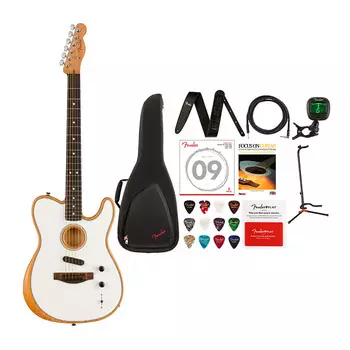 6-струнная акустическая гитара Fender Acoustasonic Player Telecaster (правая рука, арктический белый) с чехлом для гитары, кожаным ремнем, инструментальным кабелем, подставкой для гитары, комплектом клипсового тюнера