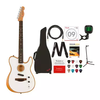 6-струнная акустическая гитара Fender Acoustasonic Player Telecaster (правая рука, арктический белый) с сумкой для гитары, инструментальным кабелем, подставкой для гитары, пристегивающимся тюнером, комплектом стальных струн (3 шт.)