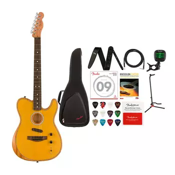 6-струнная акустическая гитара Fender Acoustasonic Player Telecaster (правая рука, цвет ириски) с чехлом для электрогитары, кожаным ремешком, комплектом инструментальных кабелей