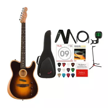 6-струнная акустическая гитара Fender Acoustasonic Player Telecaster (правая рука, Shadow Burst) с чехлом для гитары, кожаным ремнем, инструментальным кабелем, подставкой для гитары, комплектом клипсового тюнера