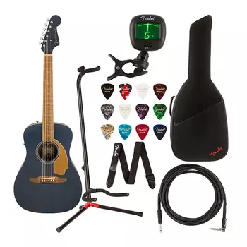6-струнная акустическая гитара Fender Malibu Player (накладка из орехового дерева, полуночный сатин) в комплекте с сумкой, кабелем, подставкой, тюнером, струнами, ремнем, книжкой, медиаторами и картой предоплаты