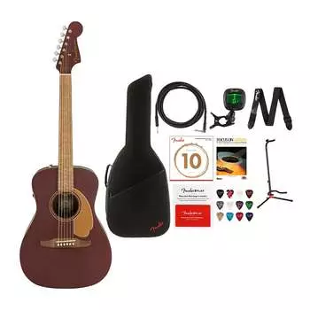 6-струнная акустическая гитара Fender Malibu Player (правая рука, бордовый сатин) с чехлом FB405 Dreadnought Gig Bag (черный), инструментальным кабелем, регулируемой стойкой для гитары, комплектом тюнера FT-1 Pro Clip-On