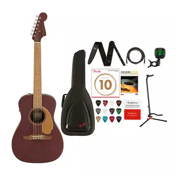 6-струнная акустическая гитара Fender Malibu Player с чехлом, кожаным ремнем, кабелем, подставкой для гитары, тюнером, струнами для гитары, книгой, медиаторами и картой предоплаты