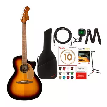 6-струнная акустическая гитара Fender Newporter Player с чехлом, кабелем, подставкой для гитары, тюнером, гитарными струнами, ремнем, книгой, медиаторами и картой предоплаты