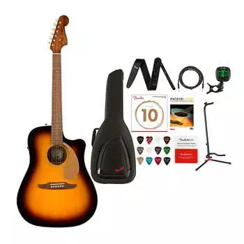 6-струнная акустическая гитара Fender Redondo Player (правая, Sunburst) с сумкой FA610 Dreadnought Gig, кожаным ремешком, комплектом инструментальных кабелей Fender Redondo Player 6-String Acoustic Guitar (Right-Hand, Sunburst) Bundle