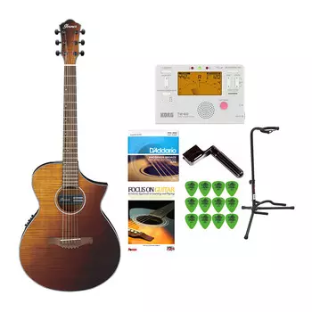 6-струнная электроакустическая гитара Ibanez AEWC32FM Series (Amber Sunset Fade High Gloss) с тюнером, подставкой для гитары, гитарными струнами, книгой для обучения игре на гитаре, намотчиком струн и комплектом гитарных медиаторов