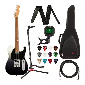 6-струнная электрогитара Fender Player Plus Telecaster (для правой руки, серебристый дым) в комплекте с сумкой, ремнем, кабелем, подставкой, тюнером, струнами (3 шт.), гитарной книгой, медиаторами (12 шт.) и картой
