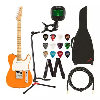 6-струнная электрогитара Fender Player Telecaster (праворукая, оранжевая капри) в комплекте с чехлом, кабелем, подставкой, ремнем, тюнером, струнами, учебником по игре на гитаре, медиаторами и картой предоплаты