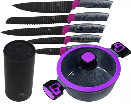 7 штук Набор KING для приготовления пищи 24см, высота около 11см KING Click-Grip Berry + 6 предметов. Набор ножей KING CARBON BERRY LINE, включая ножевой блок