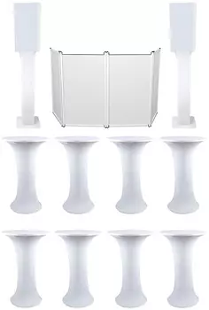 8) Клубные столы Highboy + белые 12-дюймовые панели для динамиков + фасад DJ + 2) тотемные стойки American DJ (8) Decor Cocktail Table+RFAAW+RTP+RSC