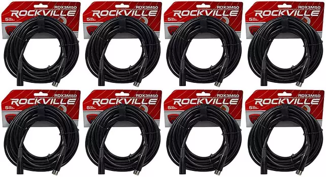 (8) Rockville RDX3M50 50-футовые 3-контактные кабели освещения DMX, 100 % бескислородной меди, гнездовой и штекерный (8) RDX3M50