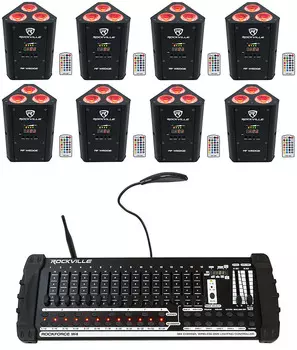 (Комплект 8 Rockville RF WEDGE BLACK RGBWA + UV Wireless DMX Up Lights + 384 Ch, Контроллер 8 RF WEDGE BLACK + Rockforce W4