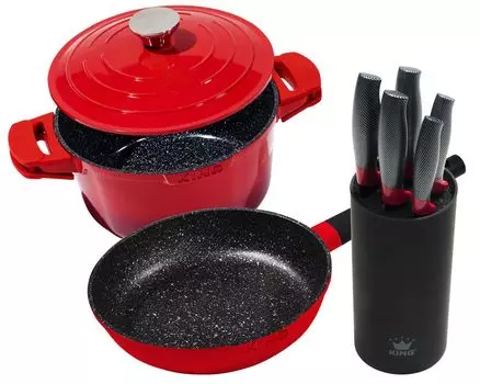 8 штук Набор Advantage: форма для запекания SHINE RED 24см + сковорода SHINE RED 28см + набор ножей CARBON RED LINE King, красный