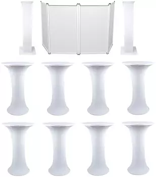 (8) столов Highboy Club Scene с белой сеткой + сумка для переноски + фасад DJ + (2) тотемные стойки American DJ (8) Decor Cocktail Table+RFAAW+2) RTP32W