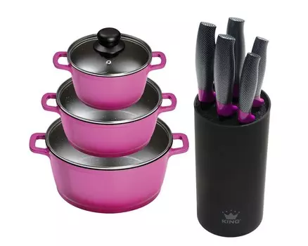9 штук Набор KING Advantage BERRY: 3 шт. Набор кастрюль из литого алюминия Berry, 3 кастрюли диаметром 16, 20, 24 см + 6 предметов. Набор ножей KING CARBON BERRY LINE, 5 ножей плюс блок ножей