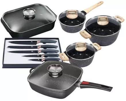 9 штук Набор KING: прямоугольная кастрюля из литого алюминия антрацитового цвета со стеклянной крышкой 28x28 см