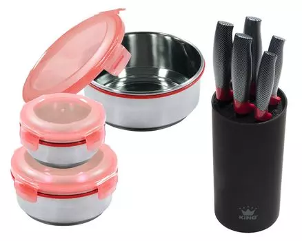 9 штук Подарочный набор KING: 3 шт. Набор контейнеров для хранения KLICKBOX красный + 6 шт. Набор ножей CARBON RED LINE, включая ножевой блок