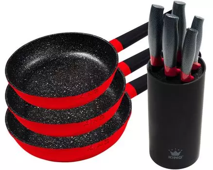 9 штук Подарочный набор KING: сковорода 20см SHINE RED + сковорода 24см SHINE RED + сковорода 28см SHINE RED + 6 предметов. Набор ножей KING CARBON RED LINE, включая ножевой блок