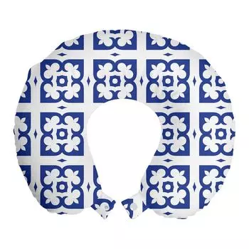 ABAKUHAUS Абстрактная дорожная подушка для шеи, в стиле ар-деко, пенопластовые дорожные принадлежности для самолета и автомобиля, 30x30 см, персидский синий и белый