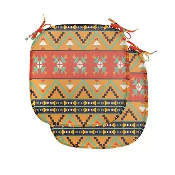 ABAKUHAUS Абстрактные подушки на обеденный стул, племенные ацтекские мотивы, декоративная водонепроницаемая подушка с ремнями для кухонных сидений, 40 см x 40 см — упаковка из 2 шт., папоротниково-зеленый оранжевый