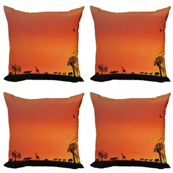 ABAKUHAUS Africa Комплект чехлов для подушек (4 предмета), Safari Sunset с чайкой, современная двусторонняя цифровая печать, 45 x 45 см, ярко-оранжево-черный