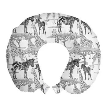 ABAKUHAUS Африканская дорожная подушка для шеи, зебры, жирафы и деревья, дорожный предмет из пенопласта для самолета и автомобиля, 30х30 см, серый и белый