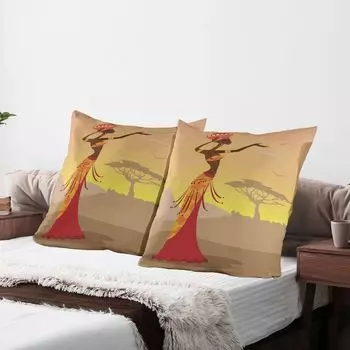 ABAKUHAUS Африканские чехлы для подушек, набор из 2 шт., Фольклорная одежда, Африканская женщина в пустыне, иллюстрация эндемической фауны, Чехол для подушки с декоративным принтом, 80 x 80 см, Янтарно-коричневый