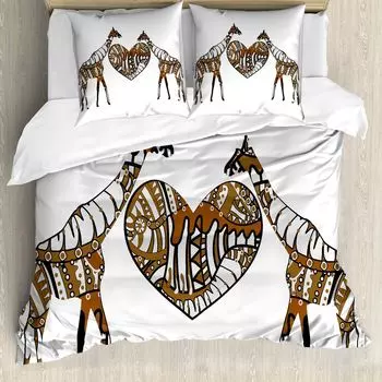 ABAKUHAUS Африканский пододеяльник, Soul Friends Heart Love, защита от клещей, подходит для аллергиков с наволочками, 155 см x 220 см - 80 x 80 см, коричнево-белый