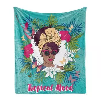 ABAKUHAUS Afro Girl Мягкое фланелевое флисовое одеяло, послание тропического настроения женщине, бабочки гибискуса, пальмовые цветы, 175 x 230 см, бирюзовый и пурпурный