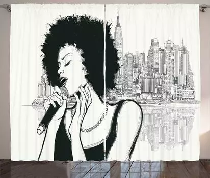 ABAKUHAUS Афро-рустикальная штора, American Girl Jazz Music, универсальные ленточные шторы для гостиной с петлями и крючками, 280 x 260 см, черно-серые, черный