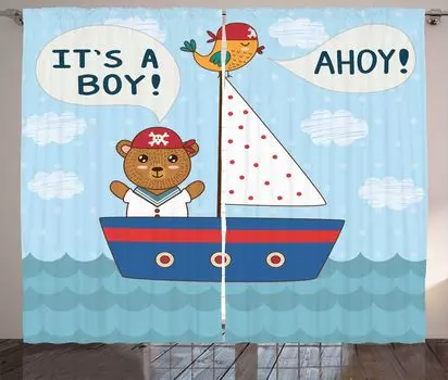 ABAKUHAUS Ahoy It's a Boy Занавеска в деревенском стиле, Мишка для детского душа, Ленточная занавеска с рюшами и петлями для спальни, 280 x 175 см, Разноцветная