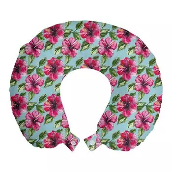 ABAKUHAUS Акварельная дорожная подушка для шеи, сцена с тропическим гибискусом, пенопластовые дорожные принадлежности для самолета и автомобиля, 30x30 см, ярко-розовый баклажан