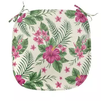ABAKUHAUS Акварельная подушка для обеденного стула, Plumeria Hibiscus, декоративная водонепроницаемая подушка с ремнями для кухонных сидений, 40 см x 40 см, пурпурно-кремово-зеленый