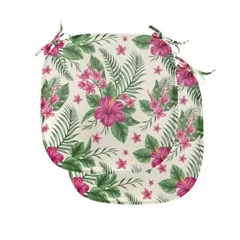 ABAKUHAUS Акварельные подушки на обеденный стул, Plumeria Hibiscus, декоративная водонепроницаемая подушка с ремнями для кухонных сидений, 40 см x 40 см — упаковка из 2 шт., пурпурно-кремово-зеленый