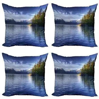 ABAKUHAUS Alaska Набор чехлов для подушек (4 предмета), Turnagain Arm Lakeside, современная двусторонняя цифровая печать, 60 см x 60 см, салатовый, темно-синий
